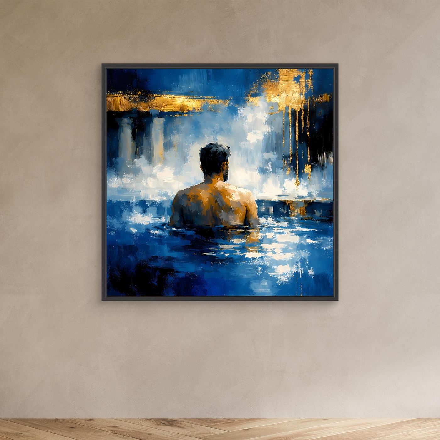 Leinwand-Wandbild mit schwarzem Rahmen: Rückenfigur im Bad, abstrakt in Blau und Gold
