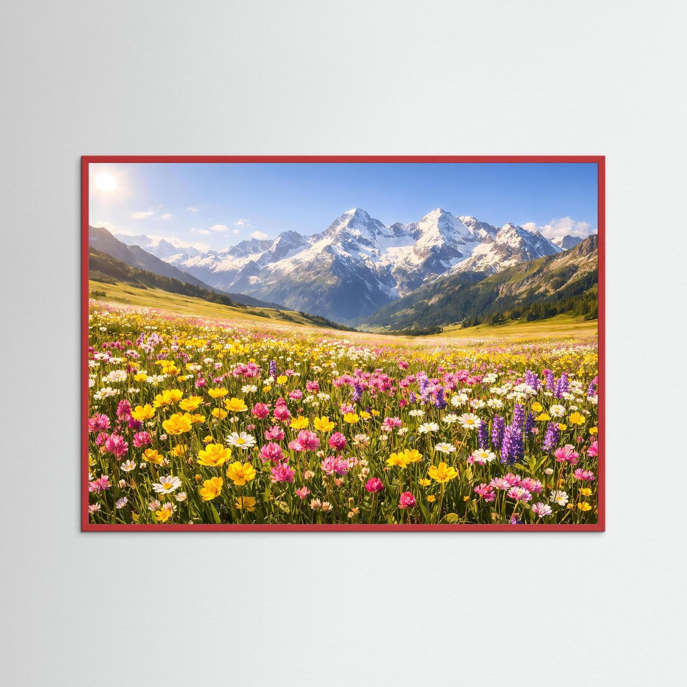Wandbild mit Alpenpanorama und Blumenwiese, mit rotem Rahmen