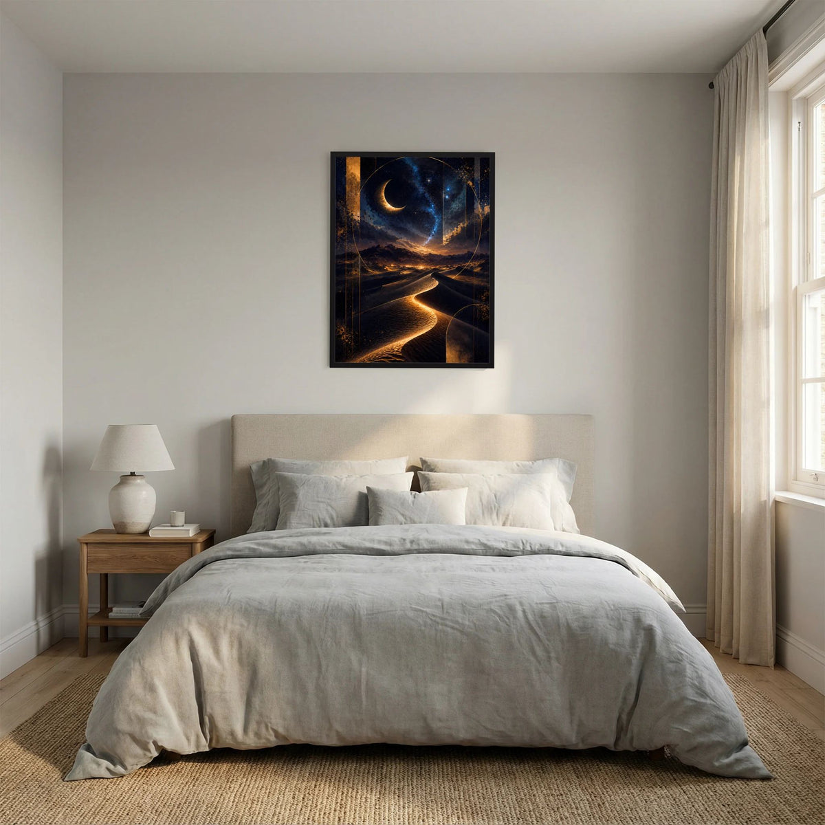 Hochformat-Poster mit Mondsichel über leuchtendem Wüstenpfad, im schwarzen Rahmen.