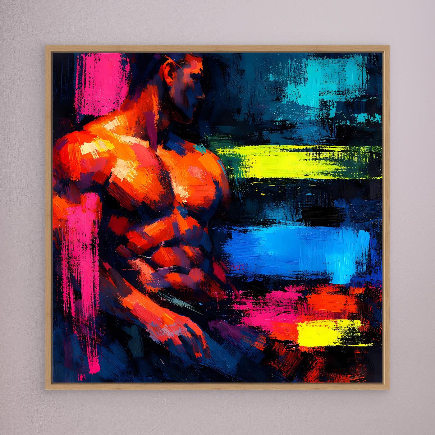 Leinwandbild Abstrakter Männlicher Torso | Moderner Neon-Kunst Wandbild auf echtem Holzkeilrahmen