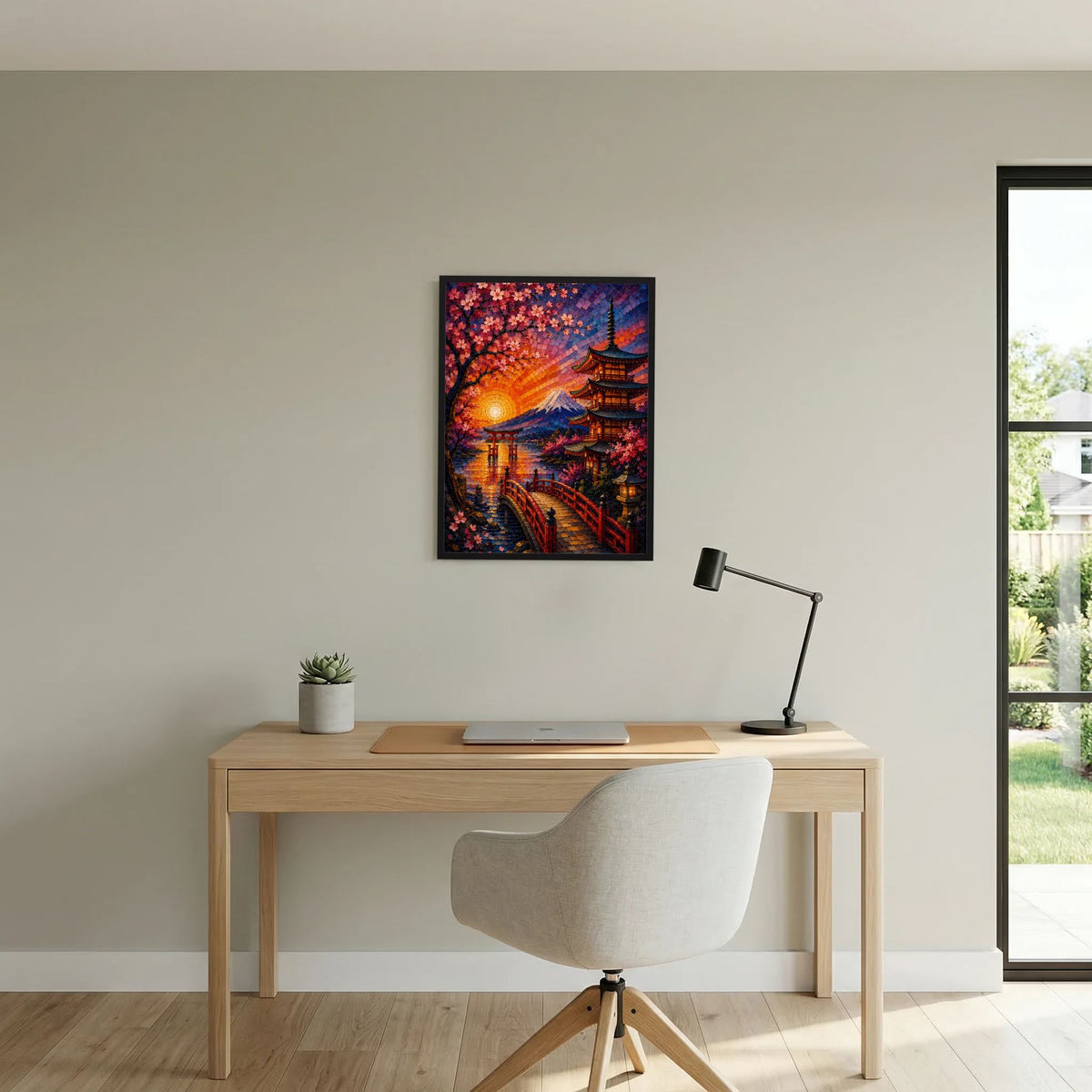 Poster im Hochformat mit Sakura, Pagode und Fuji bei Sonnenuntergang im schwarzen Rahmen