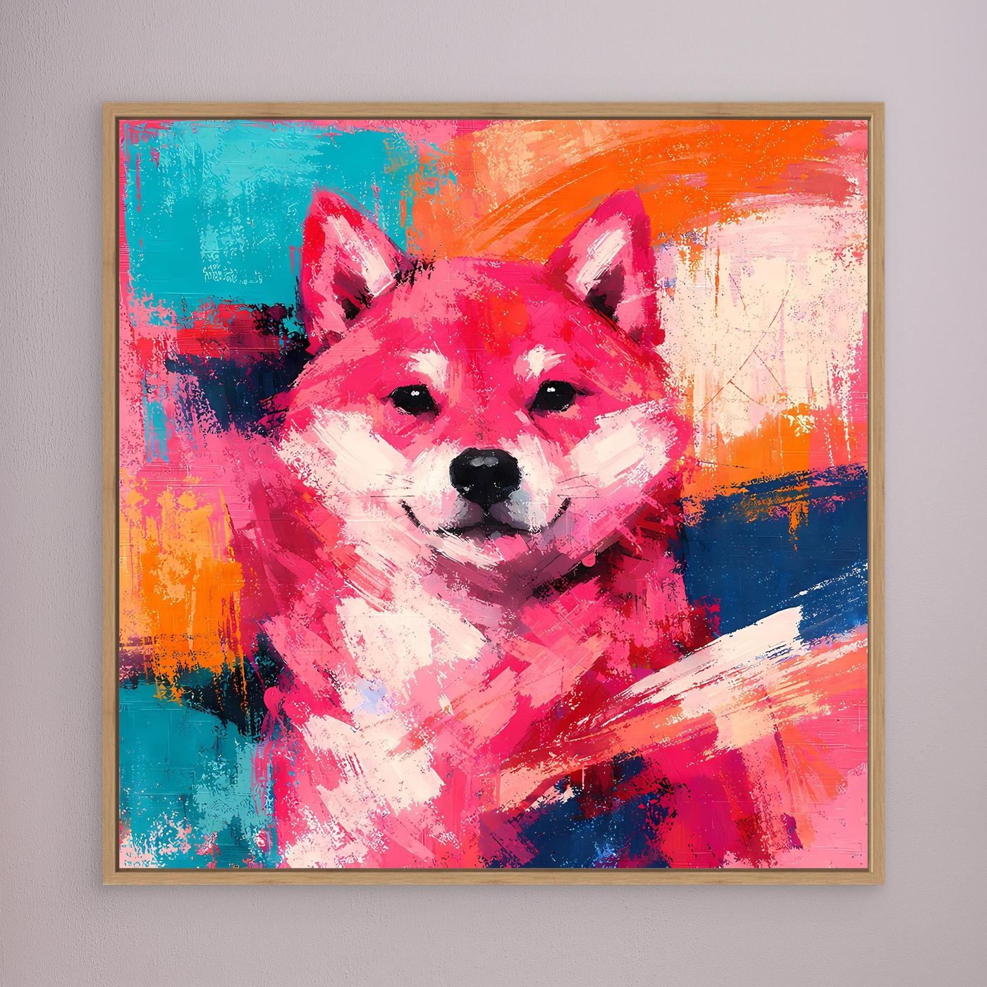 Farbenfrohes Shiba-Inu-Wandbild auf Leinwand mit beigem Holzrahmen