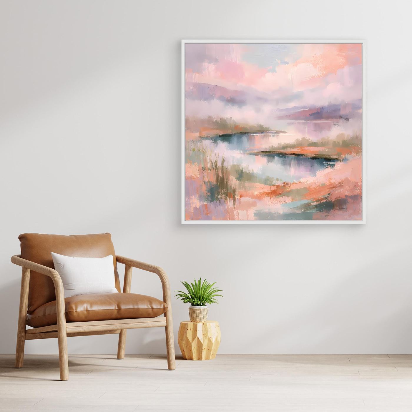 Abstraktes Pastell-Leinwandbild mit Seenlandschaft, rechteckig, weißer Rahmen