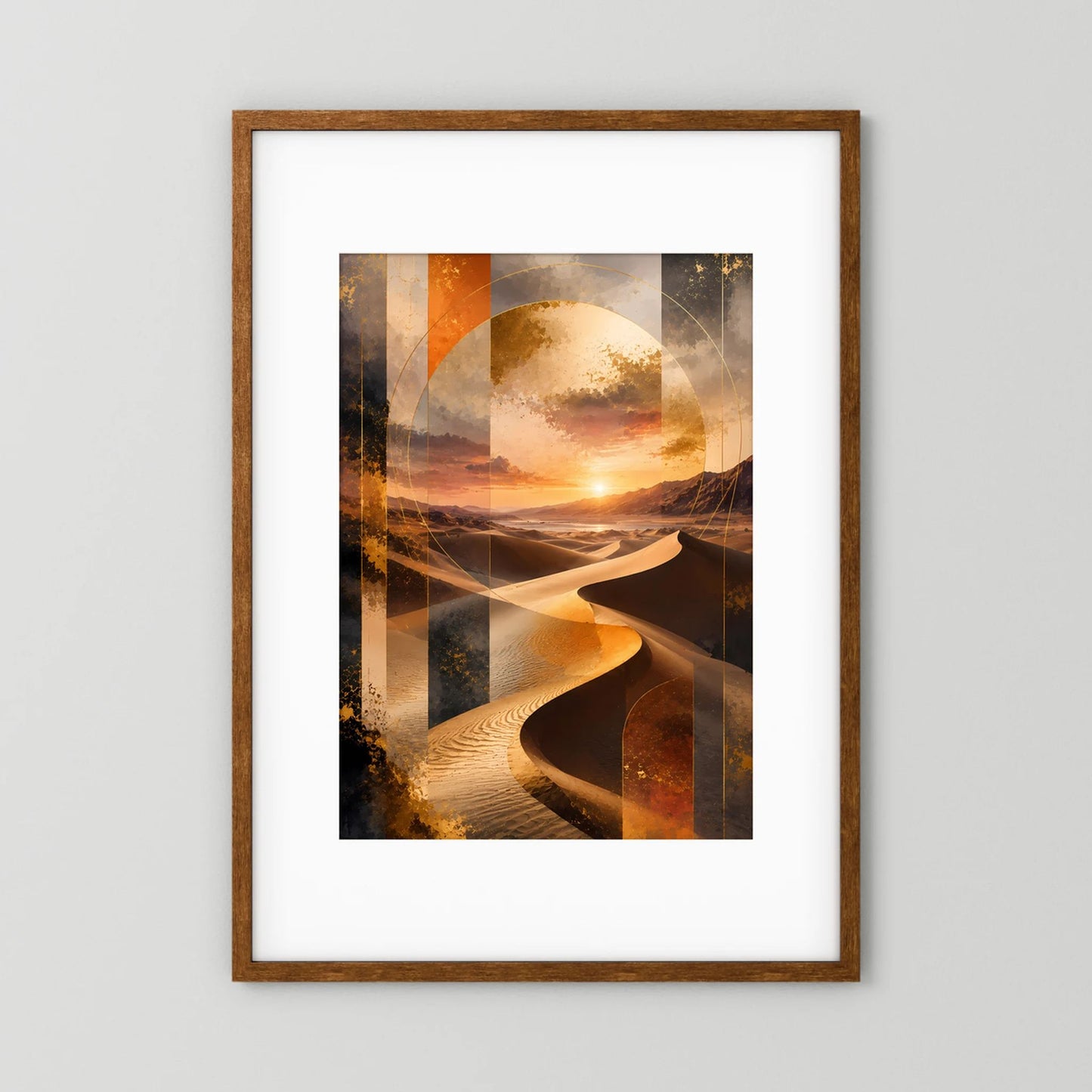 Hochformatiges Poster mit abstrakter Wüstenlandschaft in Gold und Schwarz, Holzrahmen