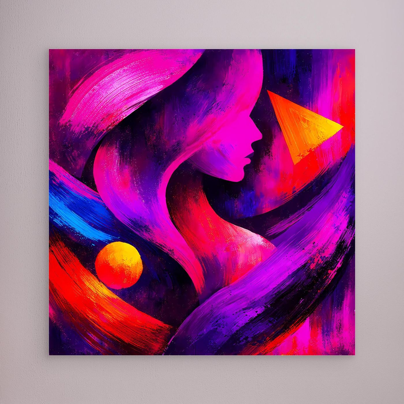 Neon-Leinwandbild: abstrakte Frau im Profil, pink-violette Pinselwellen mit orange-gelbem Kreis