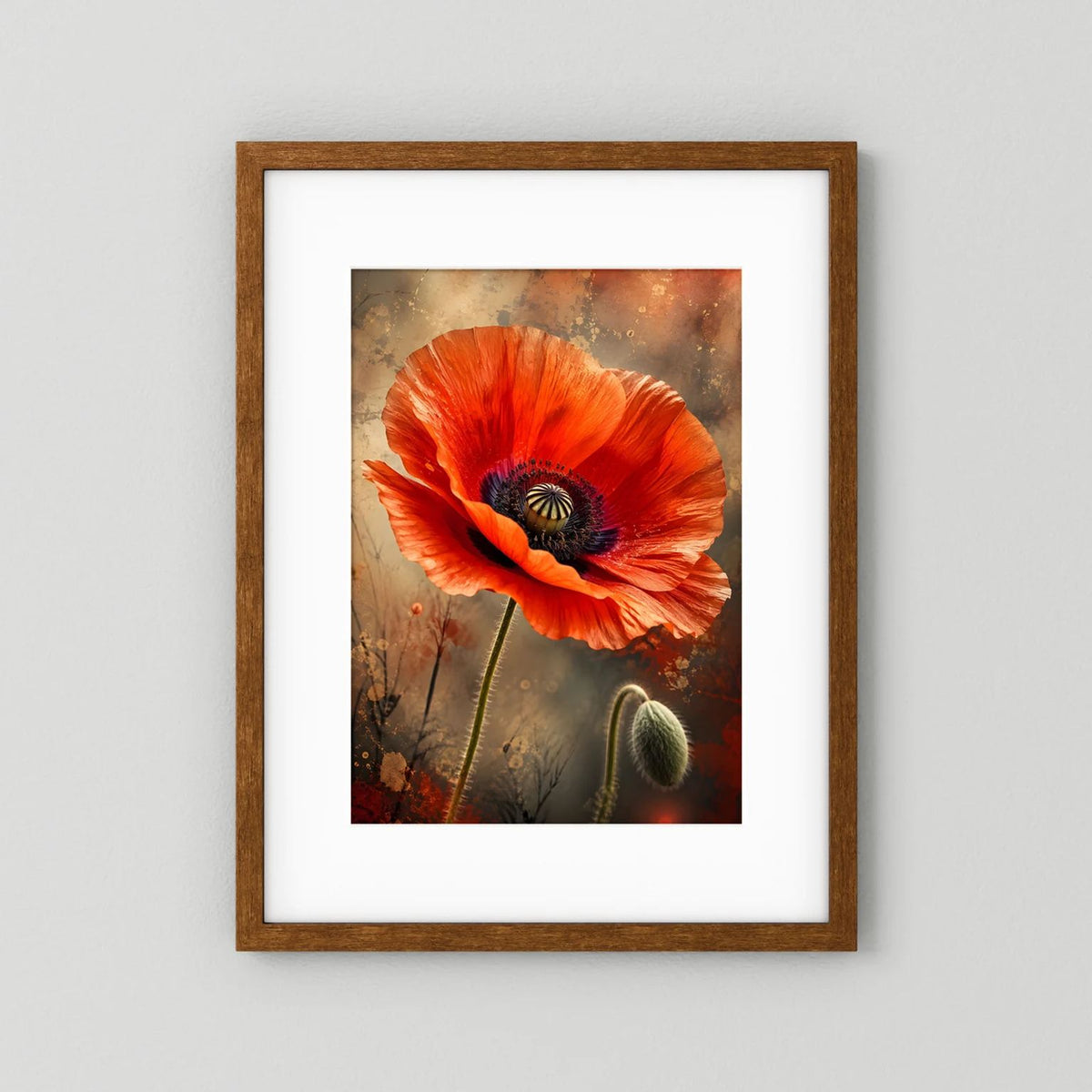 Mohnblumen-Poster mit roter Blüte und dunkler Narbe, brauner Holzrahmen mit weißem Rand