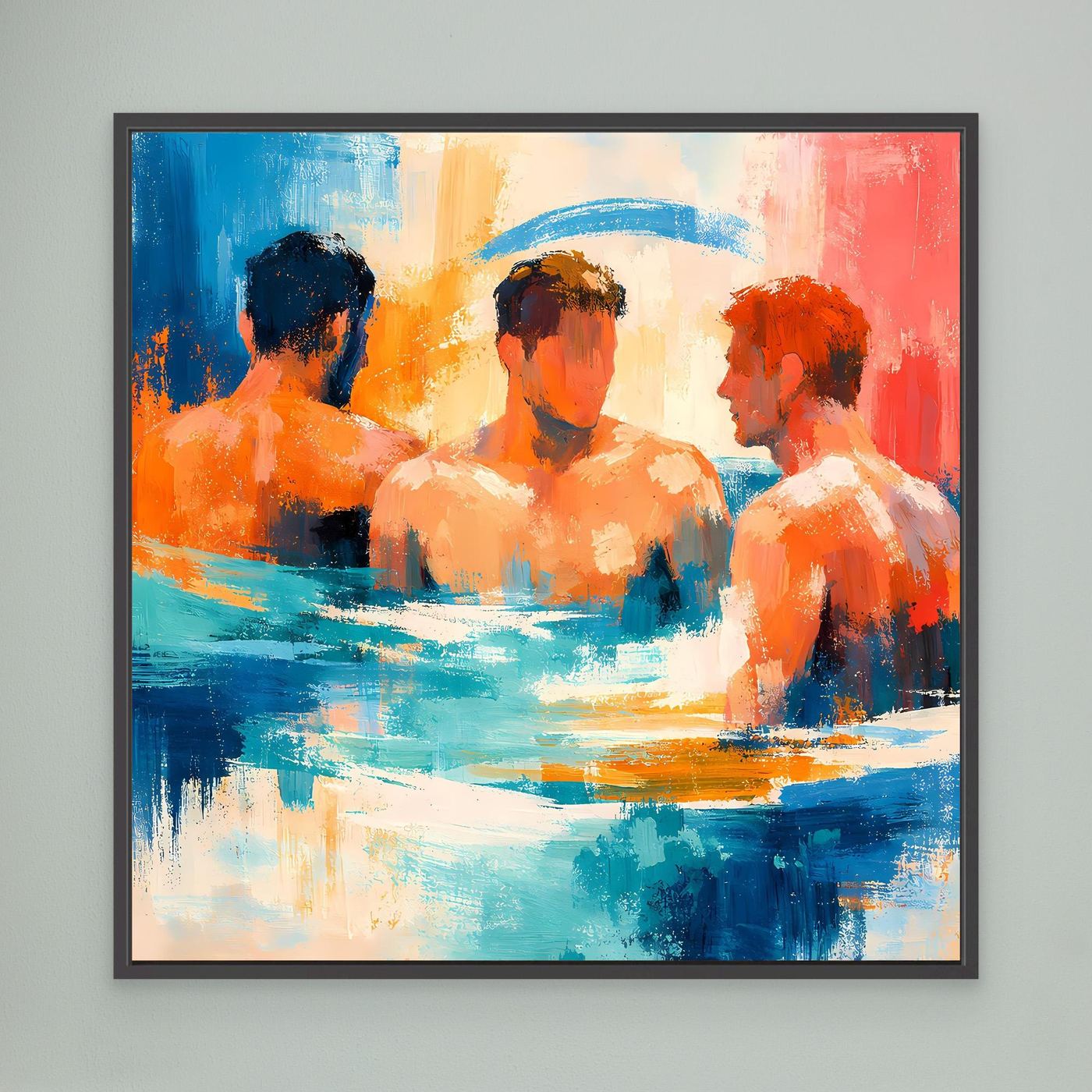 Abstract canvas wall art with three swimming figures in blue, orange, and red; black frame