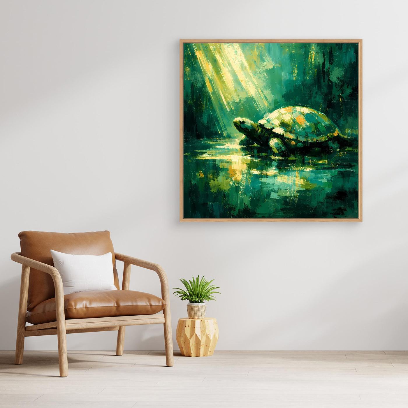 Leinwand Mystische Schildkröte im Lichtstrahl | Abstraktes Natur Wandbild Grün