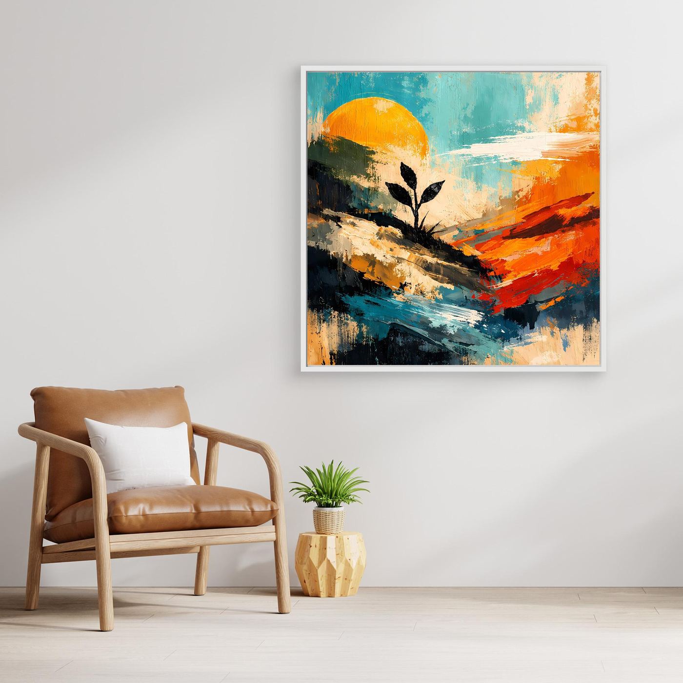 Leinwand-Wandbild mit Sonnenkreis, Pflanzenzweig und Pinselstruktur in Blau-Orange-Gelb