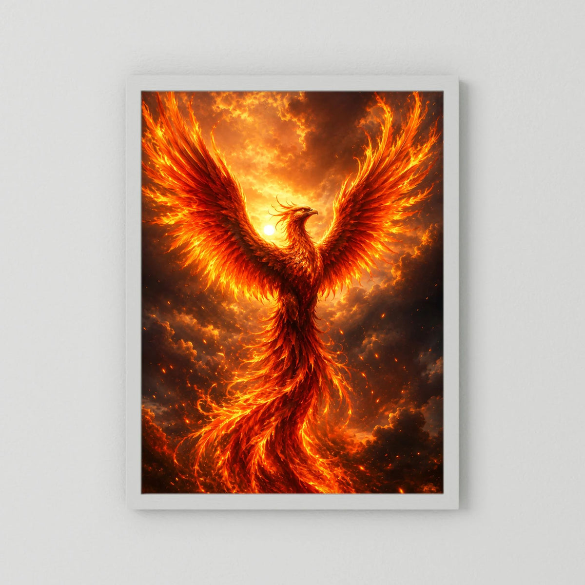 Hochkant-Poster mit Phönix in Flammen, weißer Rahmen
