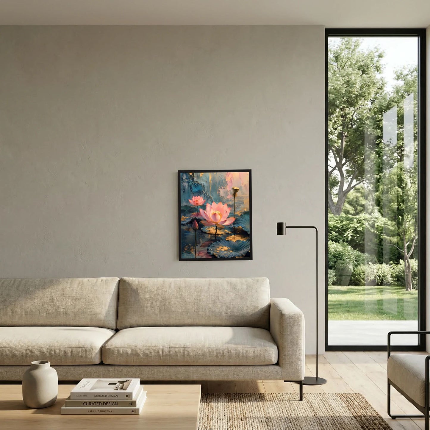 Hochformat-Poster mit rosa Lotusblüten im dunklen Rahmen neben dem Sofa
