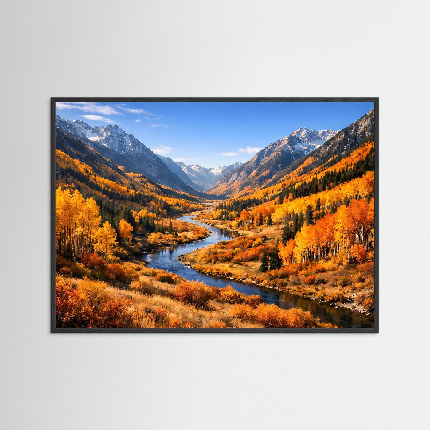 Poster mit Bergtal-Landschaft und Fluss im Herbst, schmaler schwarzer Rahmen