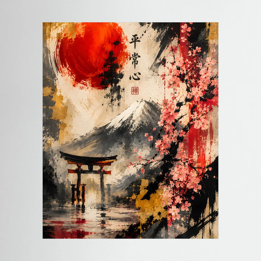 Abstraktes Fuji-Poster mit roter Sonne und Kirschblüten im Hochformat