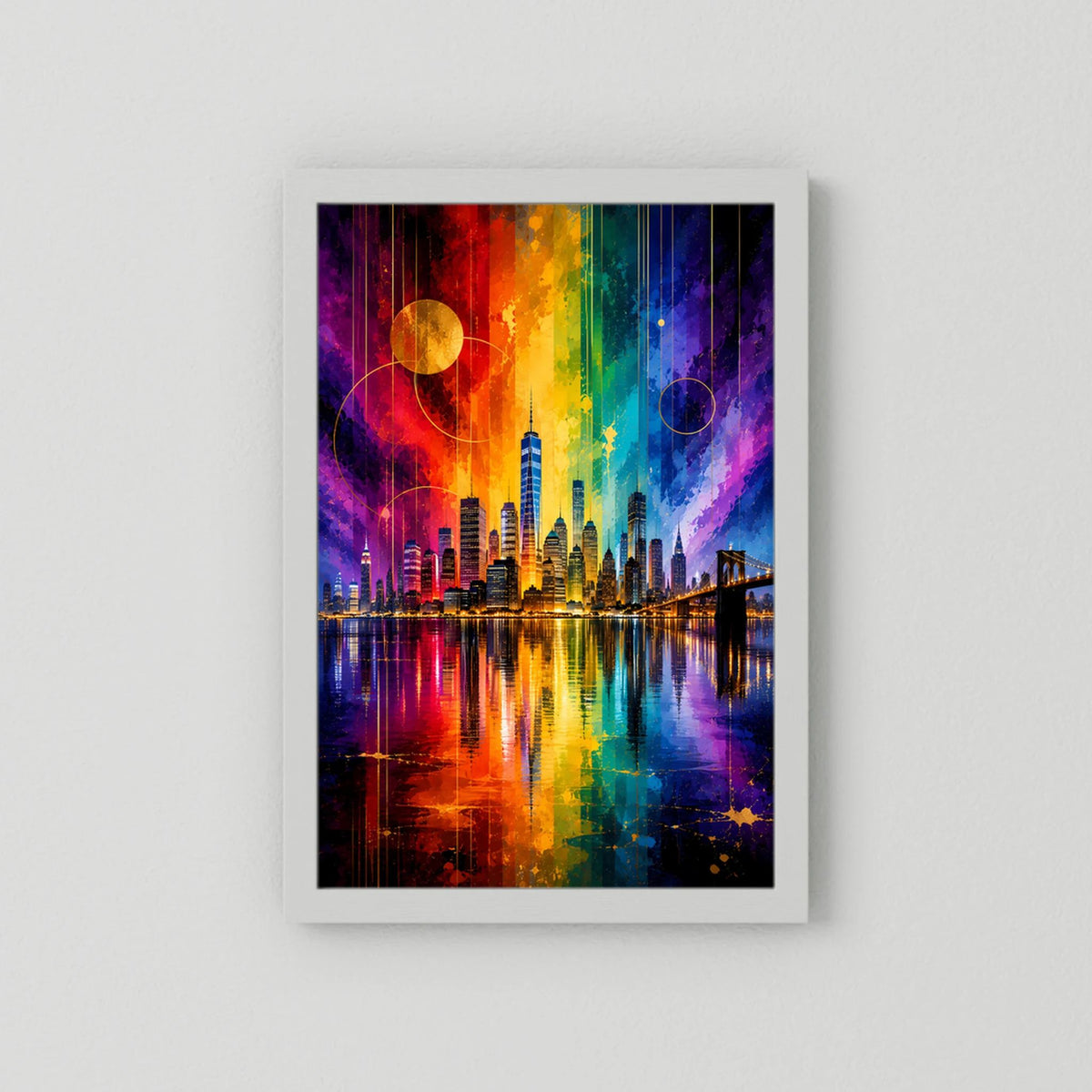 City-Poster Hochformat mit Regenbogen-Skyline und Reflexionen, im weißen Rahmen