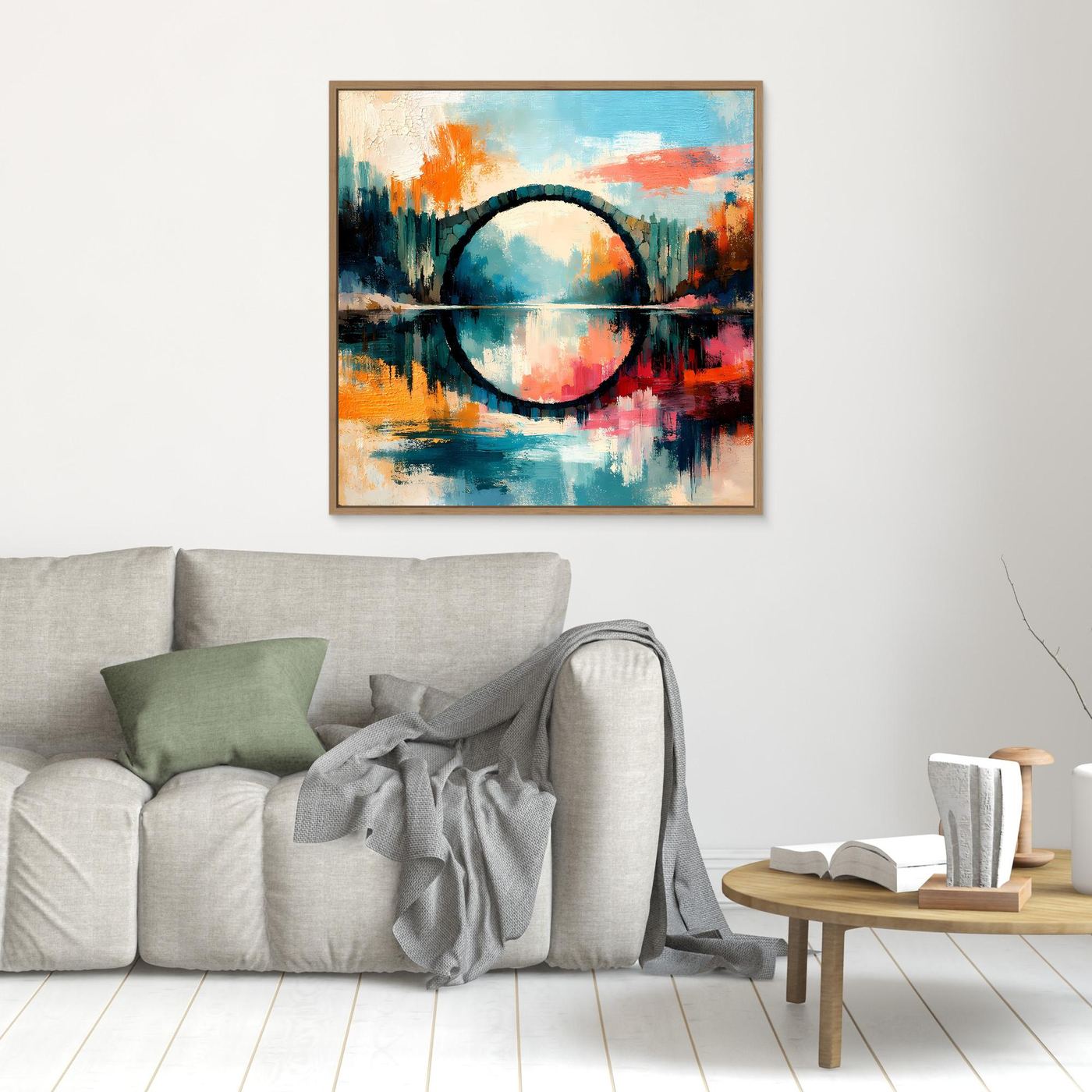 Premium Leinwand Mystische Kreisbrücke im Wasser | Abstraktes Natur Wandbild farbenfroh