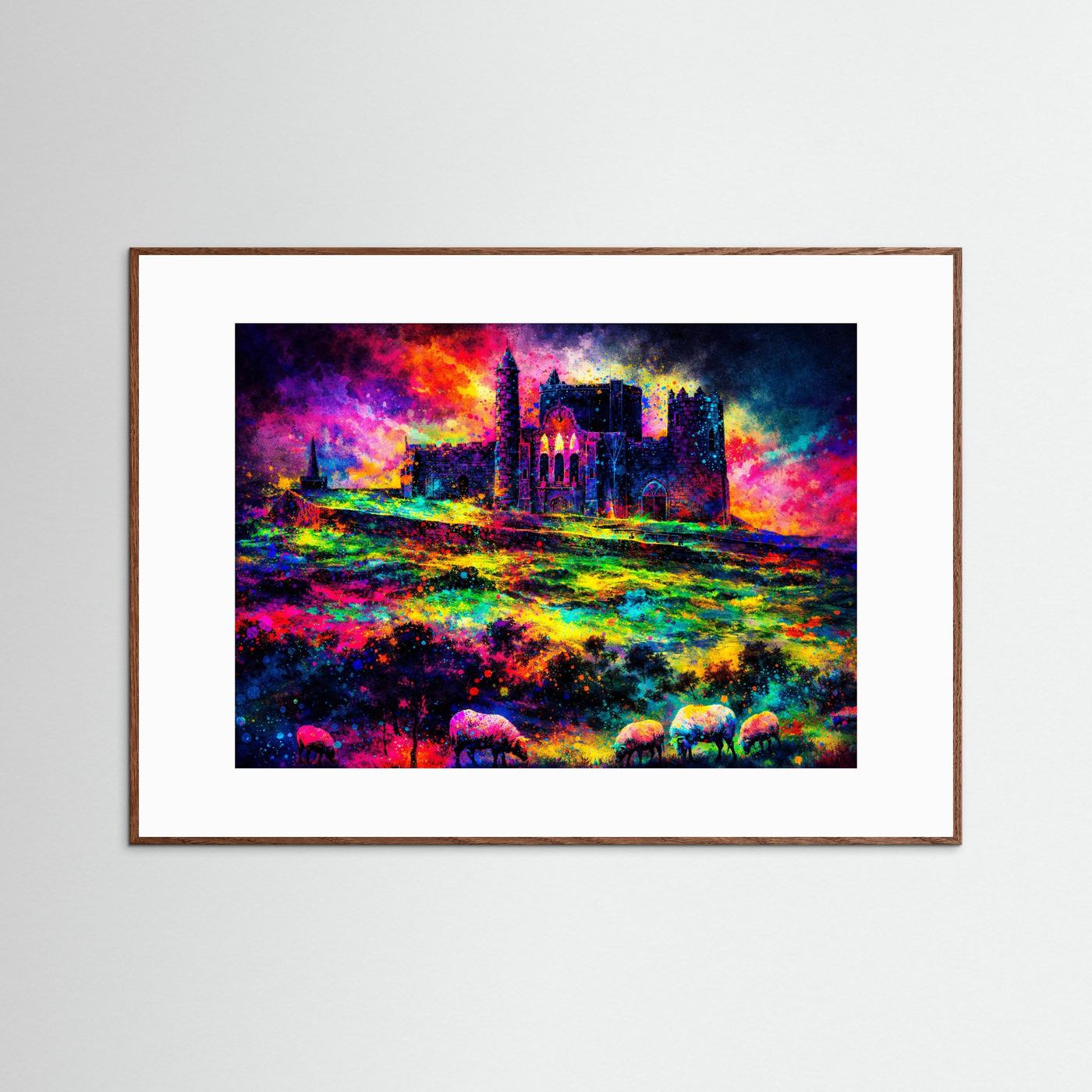 Farbgewaltige Irische Burg mit Schafen | Irland Festung & Natur Poster Querformat