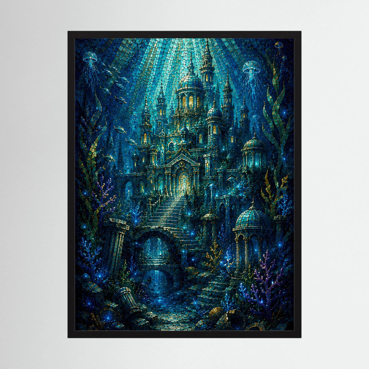 Hochformatiges Poster mit Unterwasserstadt, blauem Mosaik und goldenen Türmen, im schwarzen Rahmen.