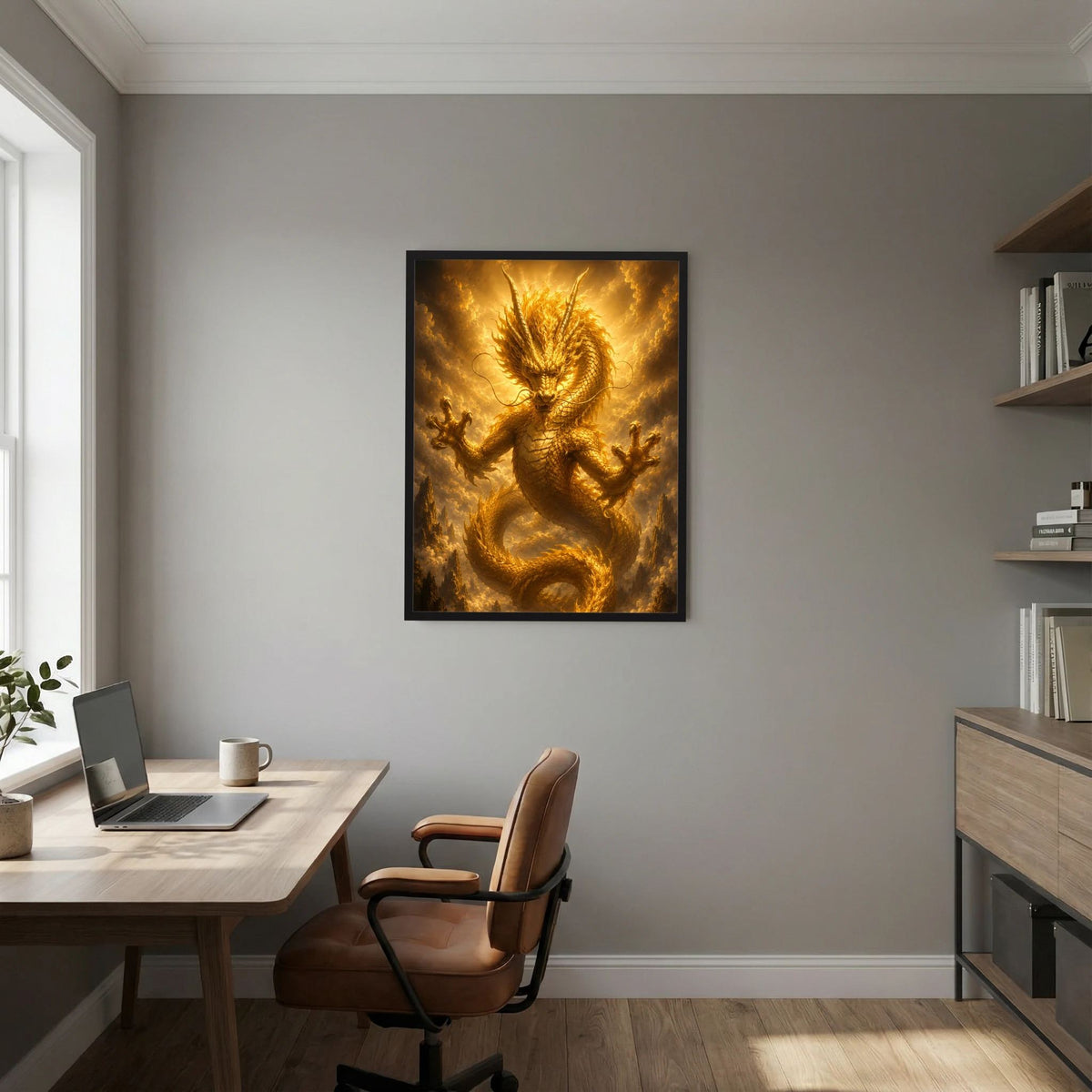 Quadratisches Wandposter mit goldenem Drachen, Details im Motiv, schwarzer Rahmen