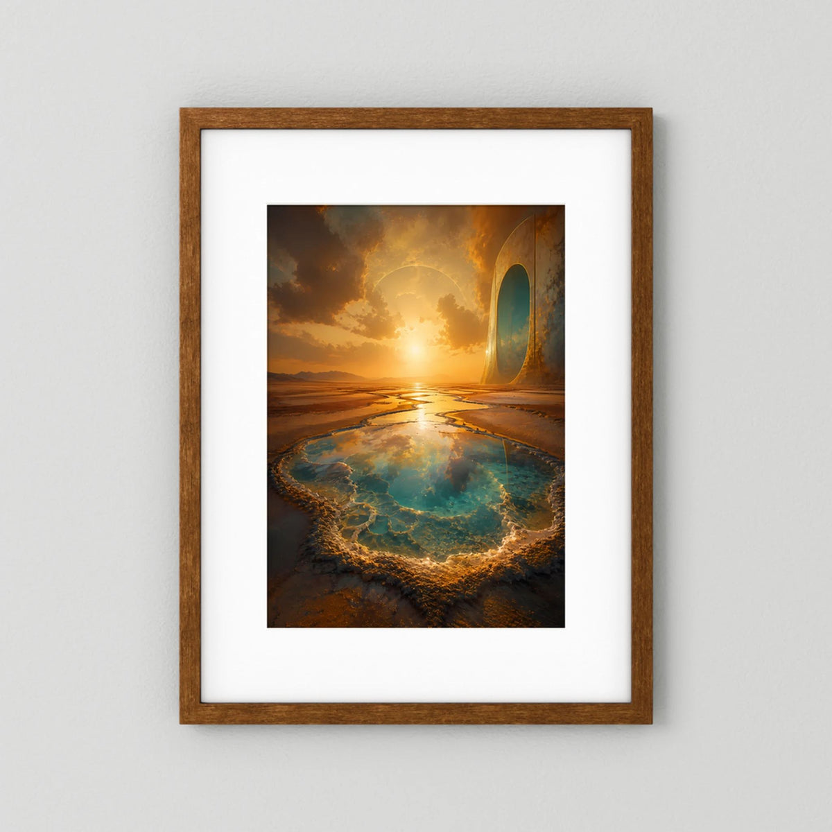 Hochformatiges Poster mit surrealer Wüstenlandschaft, türkisfarbener Quelle und Portal, braun gerahmt