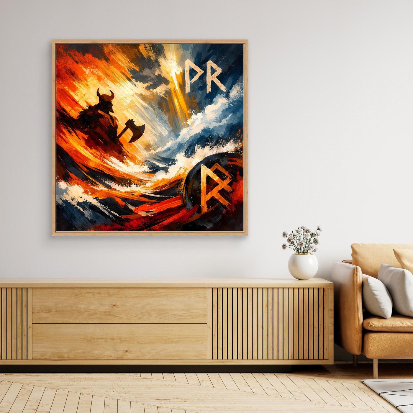 Wikinger-Wandbild mit Runenmarke „PR“, Rabe im Sturm und Feuermotiv; Holzrahmen