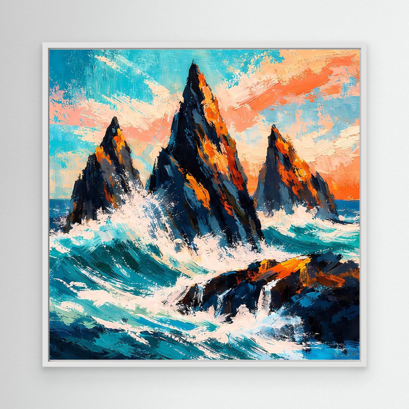 Wandbild mit abstrakten Felsen in der Brandung, türkis-orangen Farbmischung, weißer Rahmen