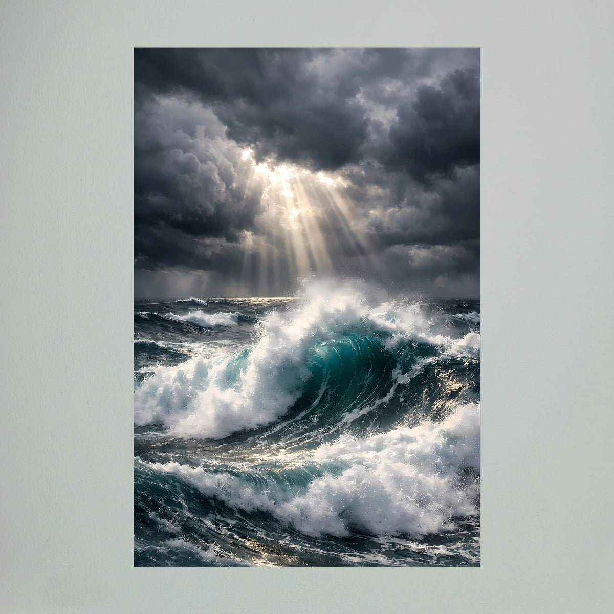 Wandbild mit aufgewühltem Ozean, türkisfarbene Welle und helle Regenlichtstrahlen im Sturm
