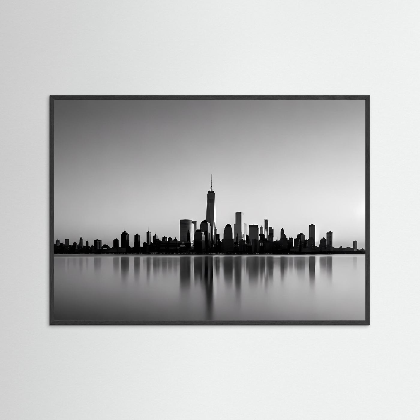 Poster mit Schwarz-Weiß-Skyline, Querformat, in dunklem Rahmen