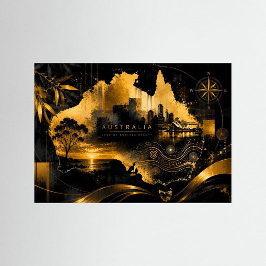 Poster mit Australien-Kontinentkarte, Skyline und Kompass in Schwarz und Gold, schwarzer Rahmen