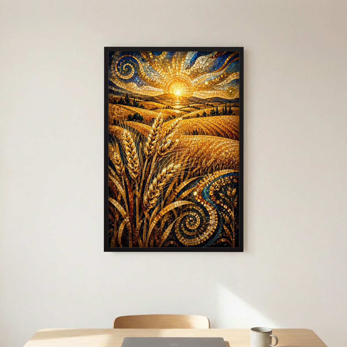 Hochformatiges Poster mit goldenen Ähren im Mosaikstil und leuchtender Sonne