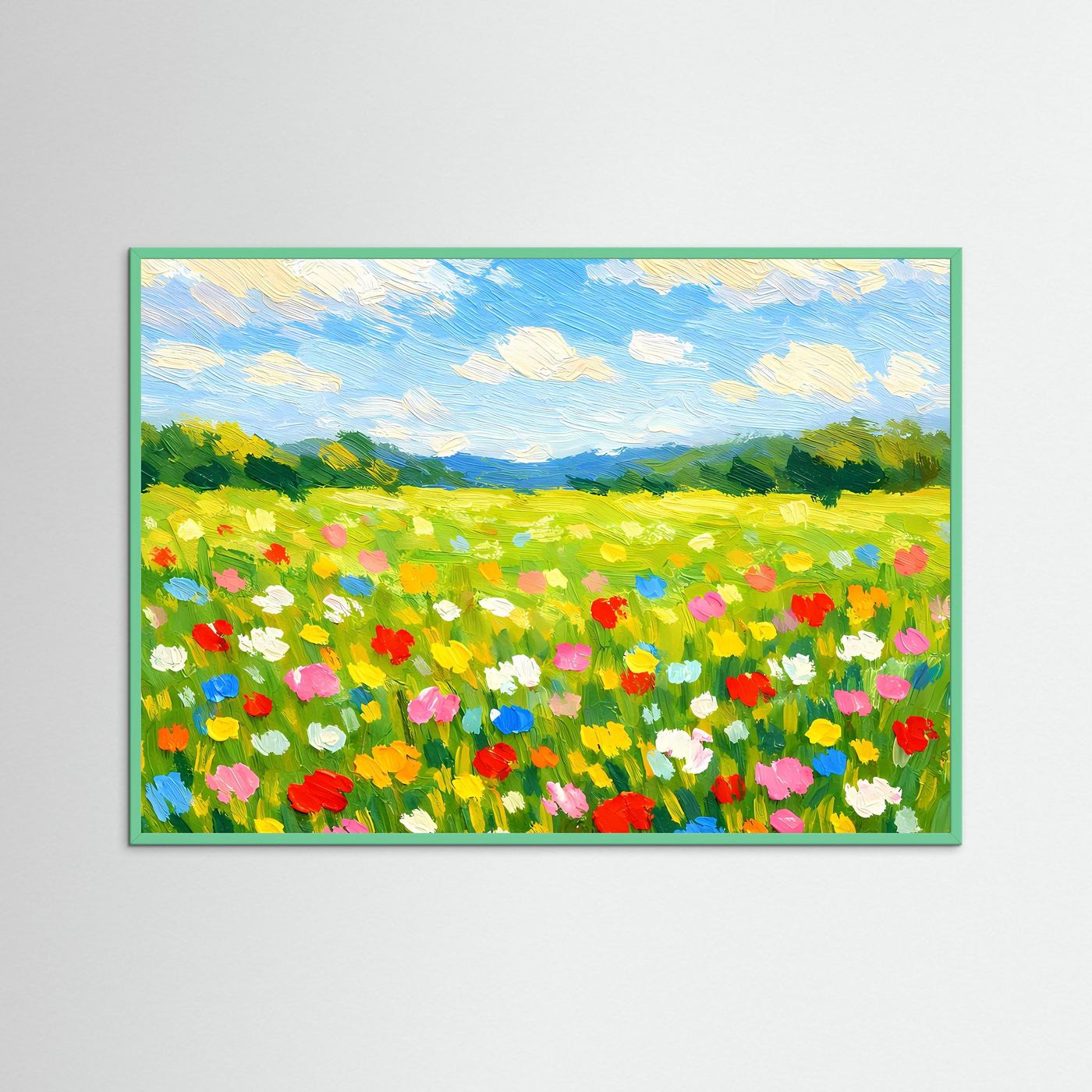 Wandbild mit Blumenwiese und blauem Himmel, grüner Holzrahmen
