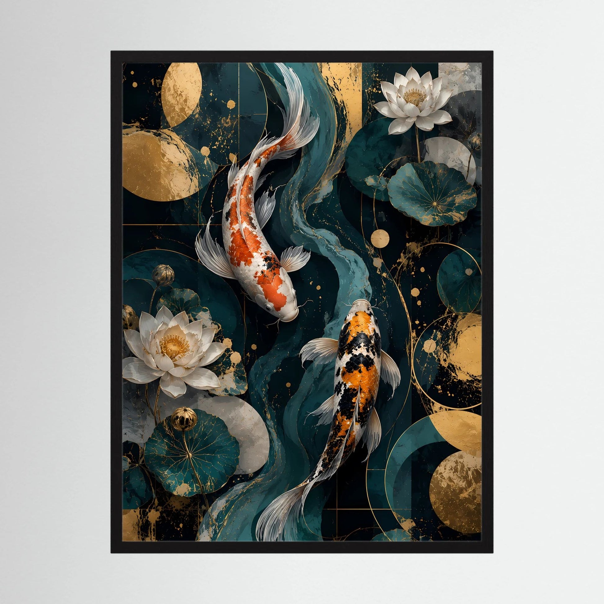 Japanisches Kunstposter im Hochformat mit Koi-Fischen und Lotusblüten, schwarz gerahmt