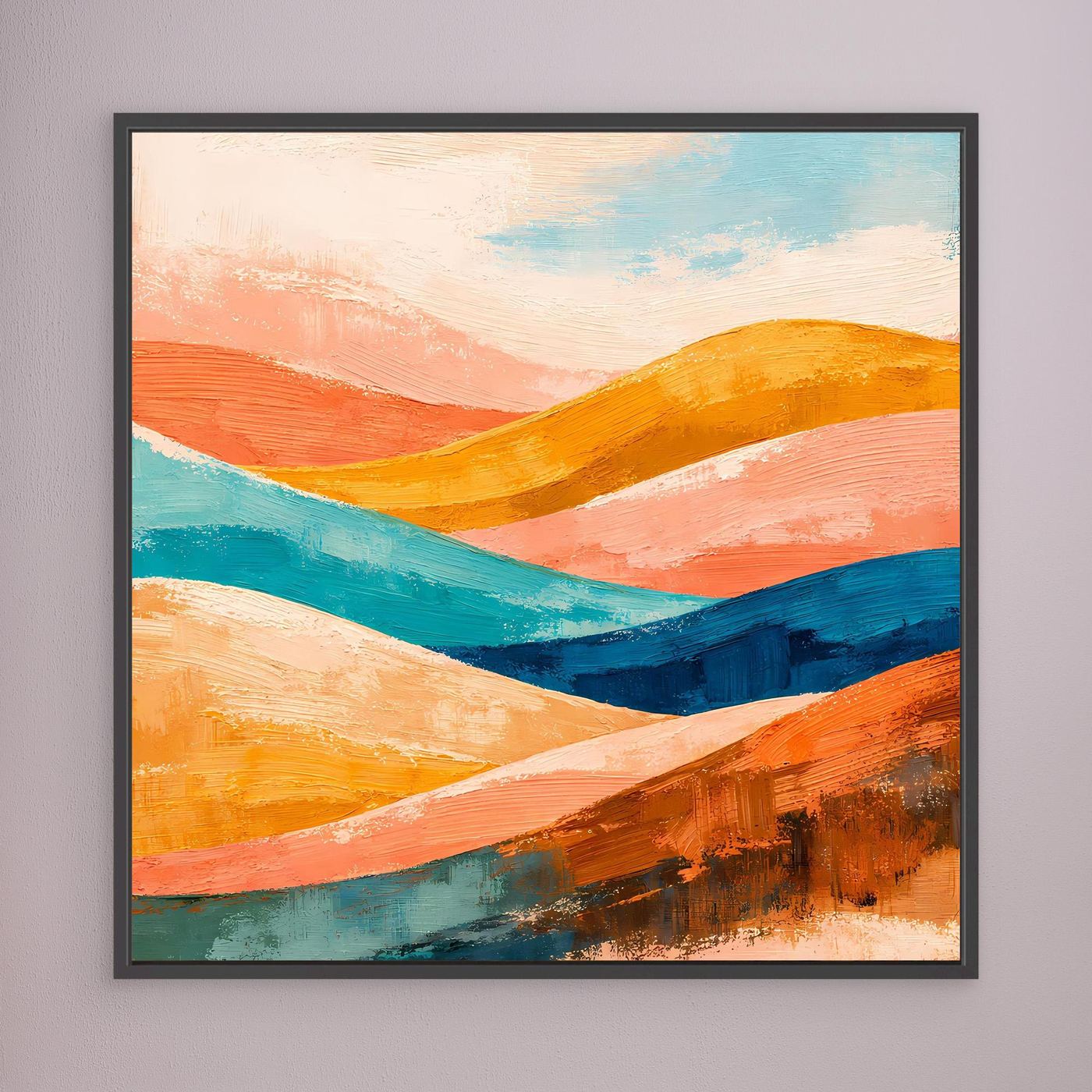 Abstract landscape wall art with orange, teal, and blue rolling waves, black frame