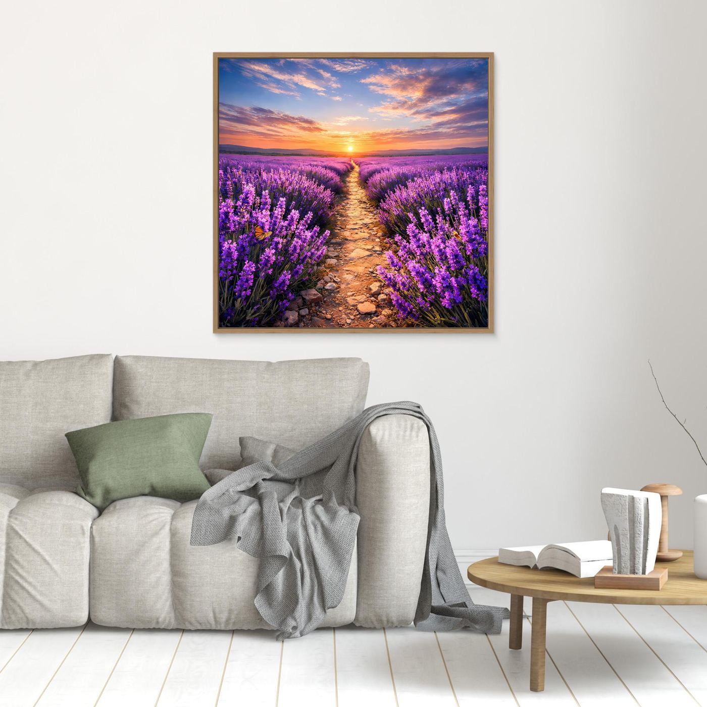 Leinwandbild mit Lavendelfeld und Sonnenuntergang, lila Blütenweg, klein, Holzrahmen