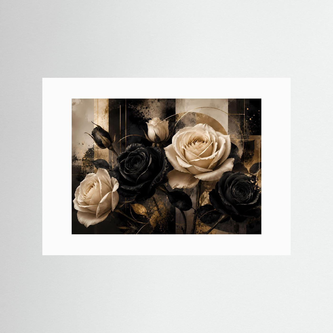 Blumenposter mit schwarzen, weißen und goldfarbenen Rosen, weißer Rand