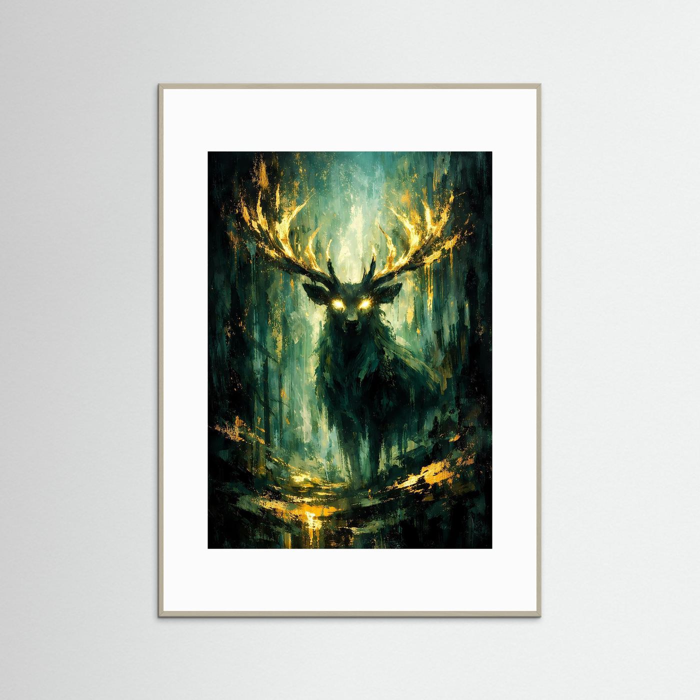 Hirsch-Naturposter im Hochformat, abstrakter Wald mit leuchtender Hirschsilhouette, beiger Rahmen