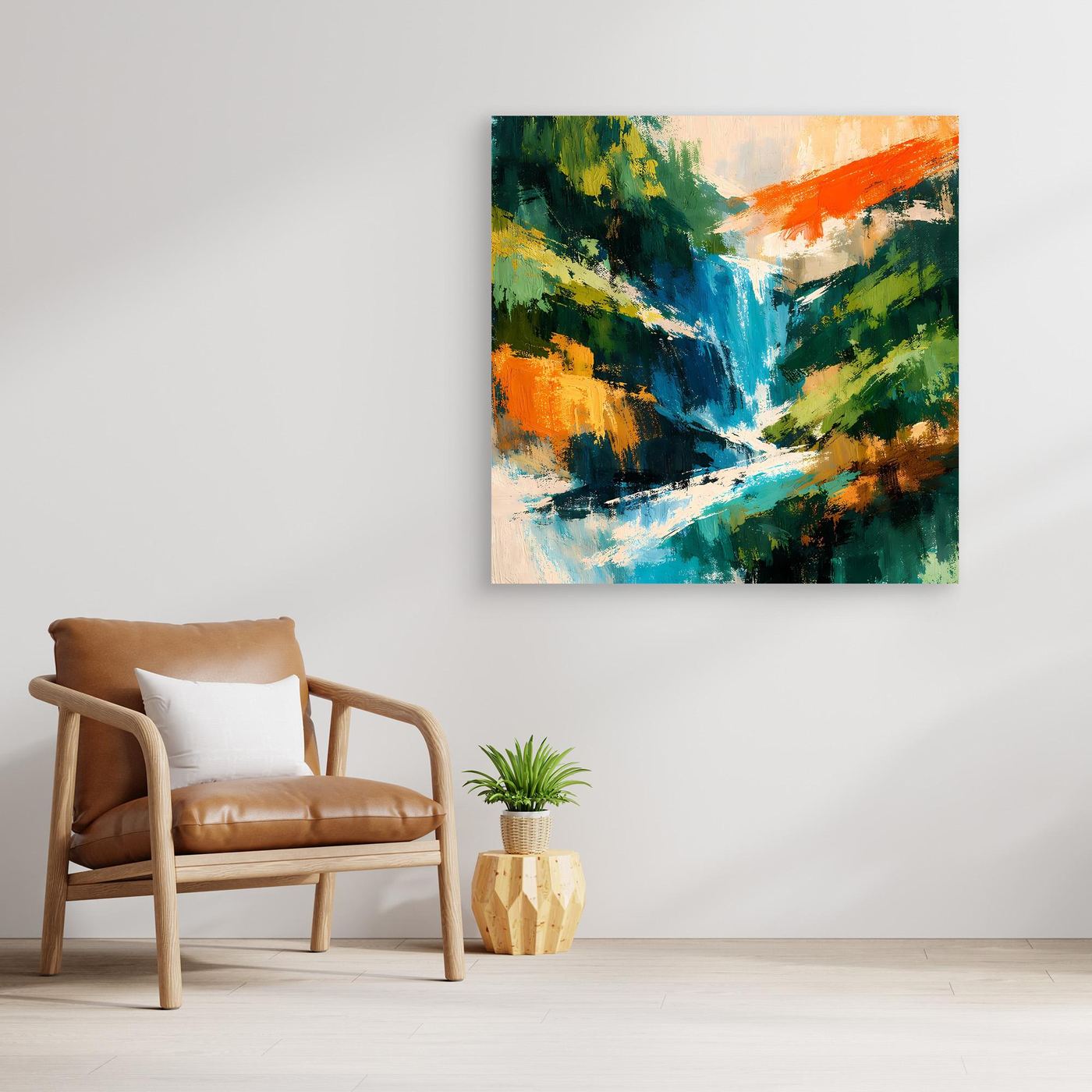 Abstraktes Leinwand-Wandbild mit Wasserfall-Motiv, ohne sichtbaren Rahmen