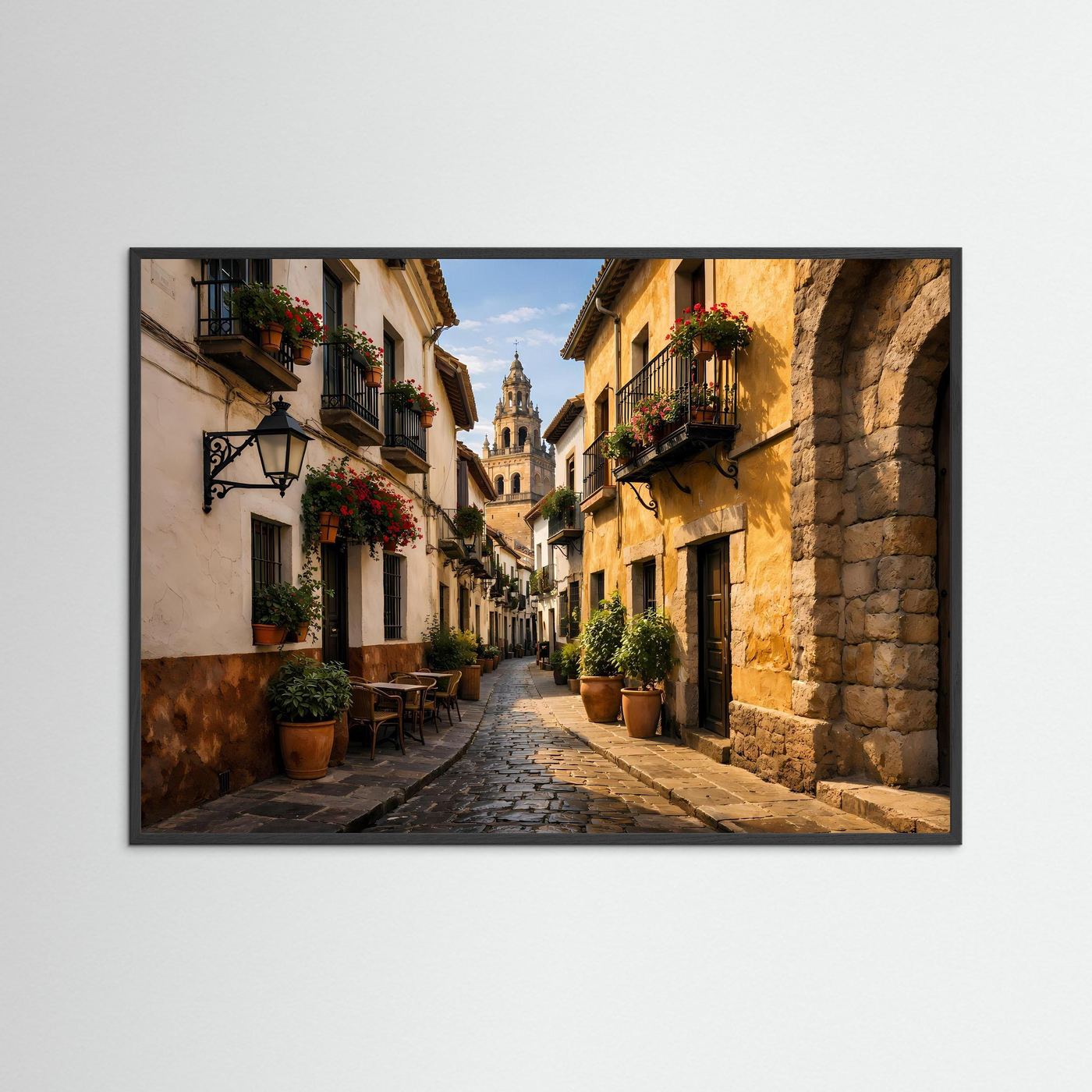 Wandbild im Querformat mit schwarzem Rahmen: Altstadtgasse in Spanien, Kirchturm.