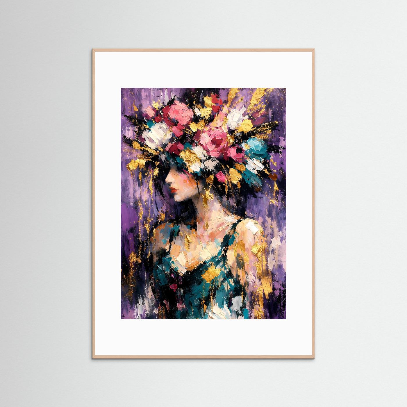 Kunstposter, cremefarben gerahmt: Porträt mit Blumenkranz in Rosa, Violett und goldenen Akzenten