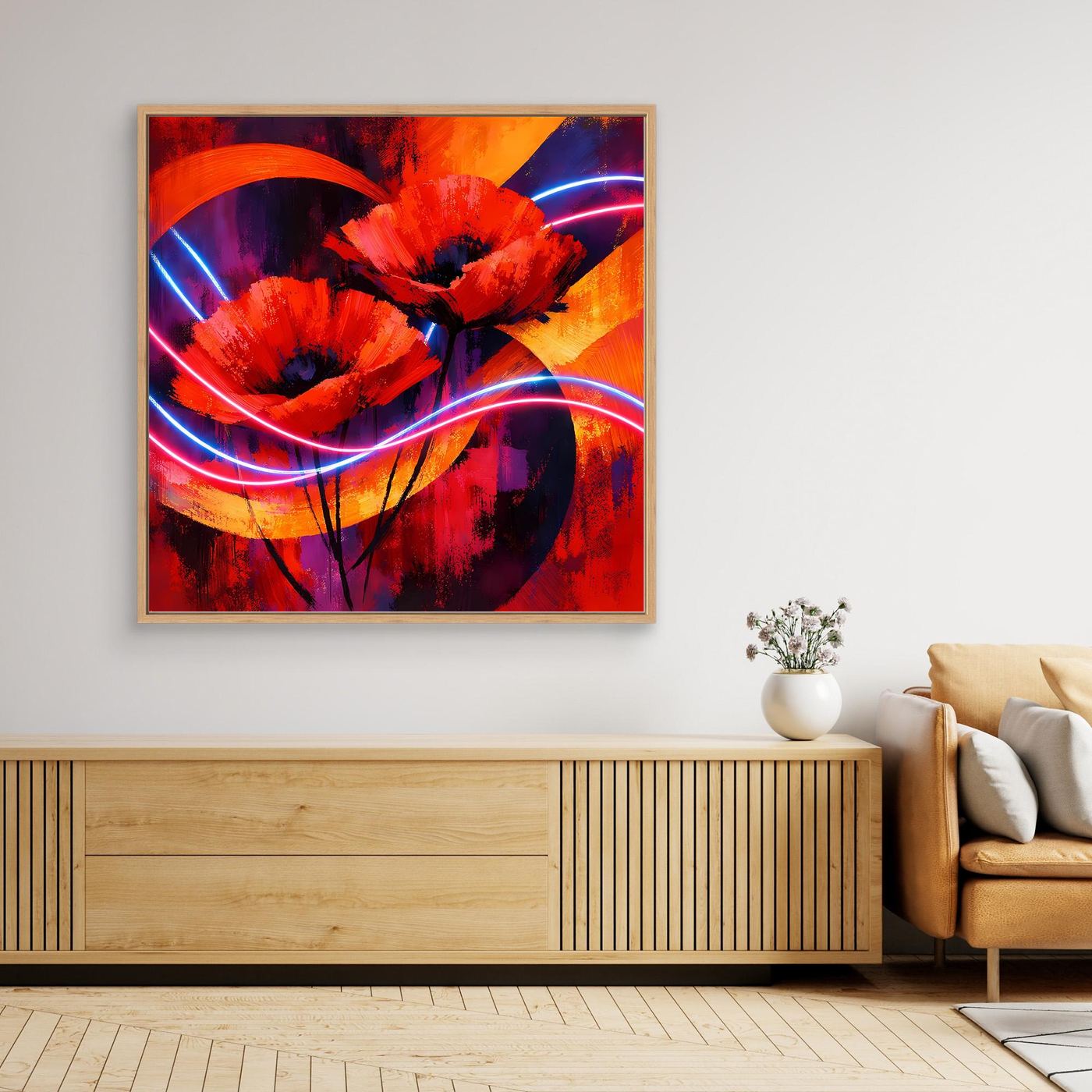 Leinwandbild mit roten Mohnblüten im Neon-Look, Blau/Violett-Linien auf orange-violettem Hintergrund