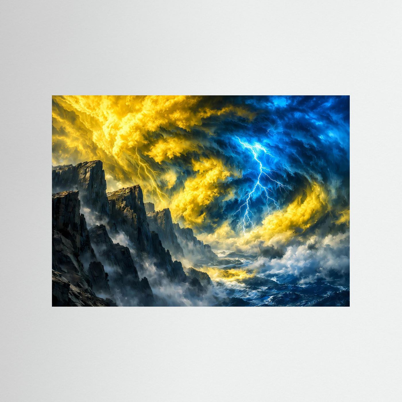 Querformat-Poster mit Gewittersturm über steilen Felsen, gelb-blauem Blitz und Wolken
