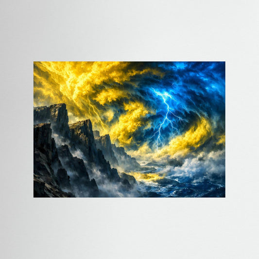 Querformat-Poster mit Gewittersturm über steilen Felsen, gelb-blauem Blitz und Wolken