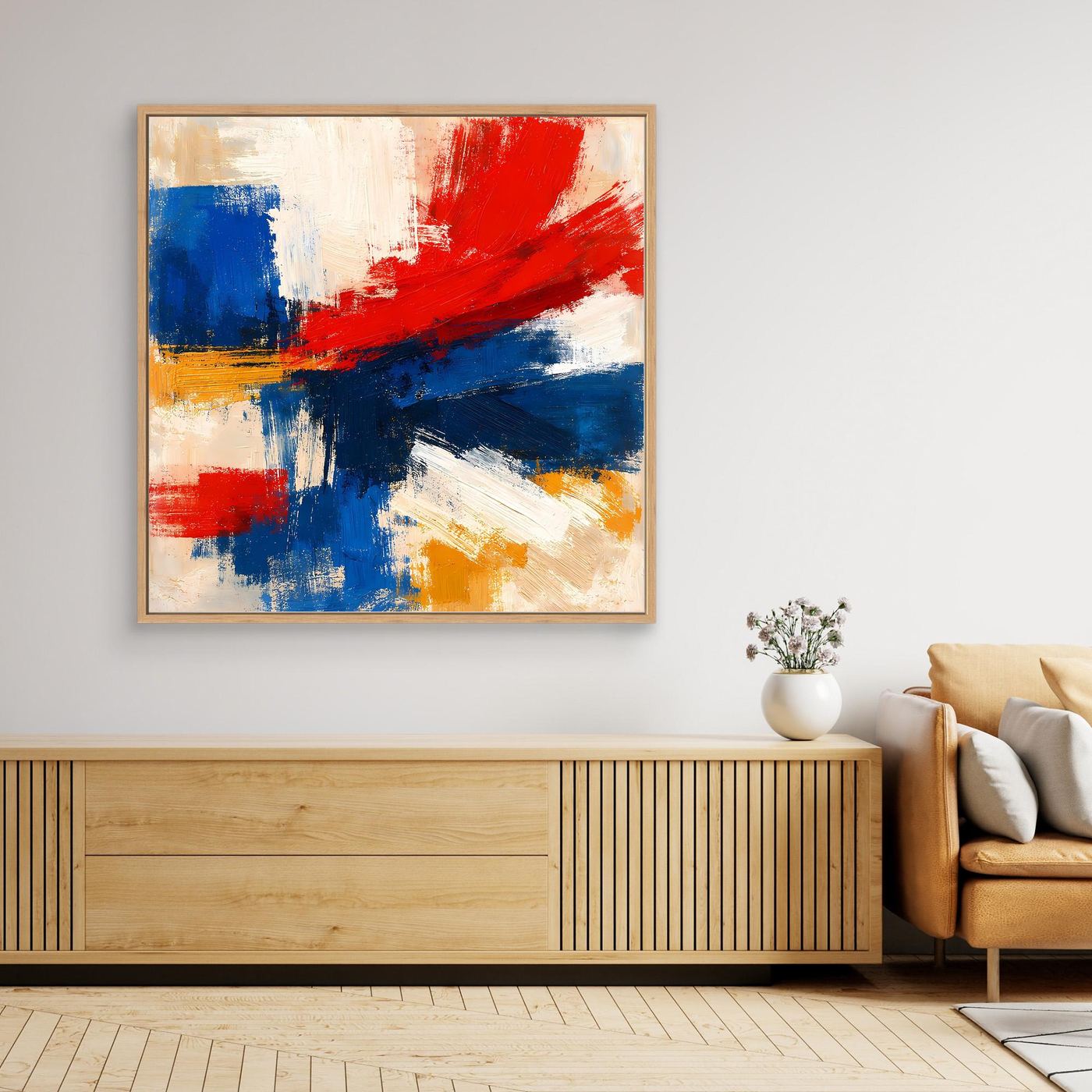 Abstract wall art canvas with blue, red, white, and yellow brush strokes; oak wood frame