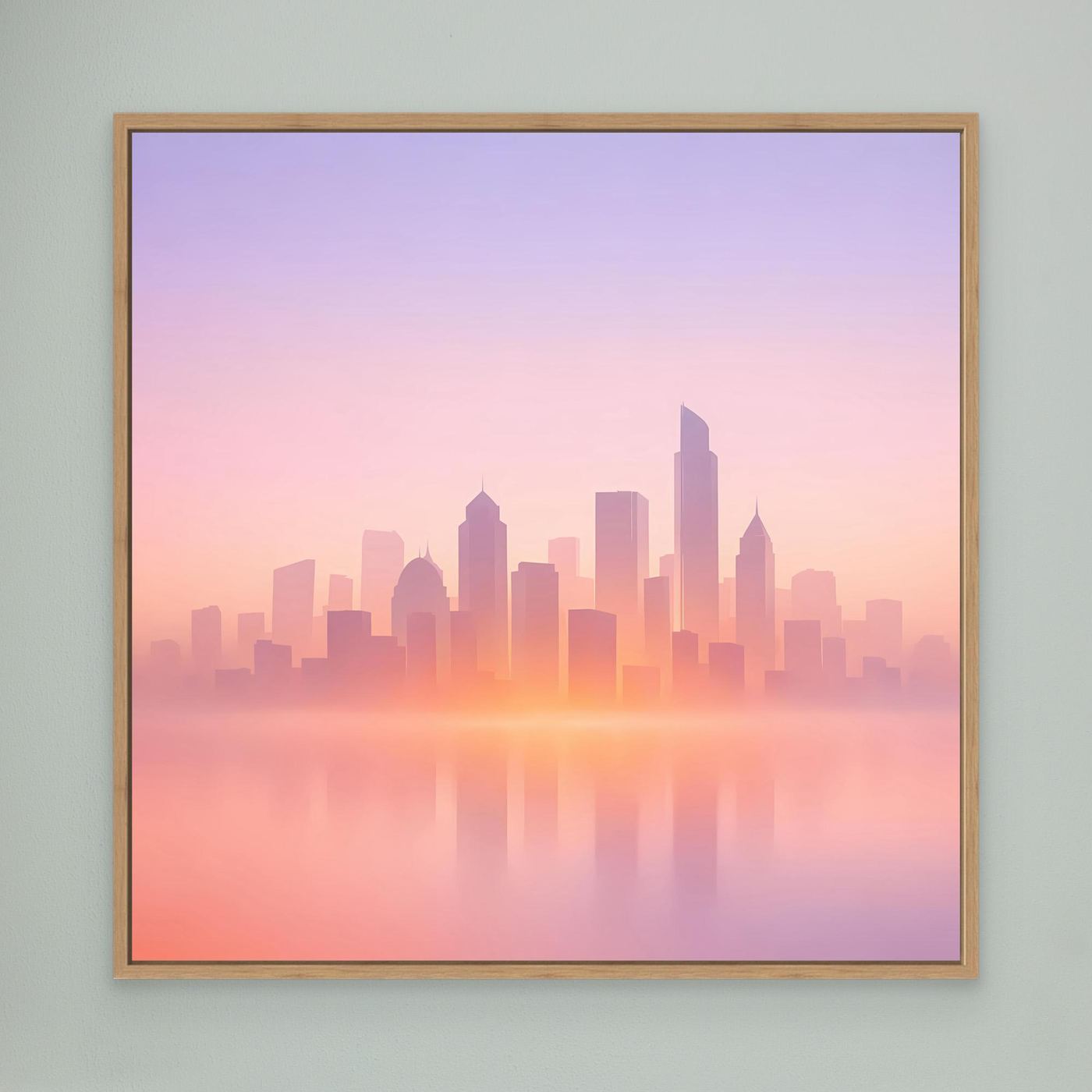 Leinwand-Wandbild Skyline im Pastellrosa, Eichenrahmen, mit Spiegelung