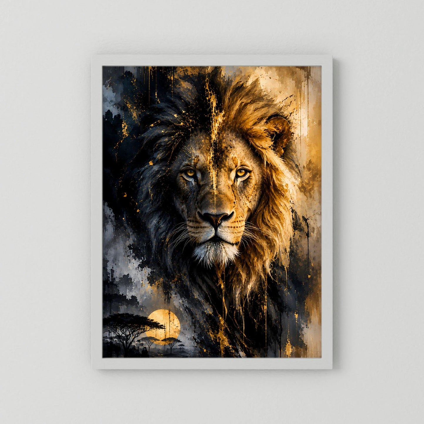 Löwenposter mit weißem Rahmen, abstraktes Löwenporträt in Schwarz und Gold