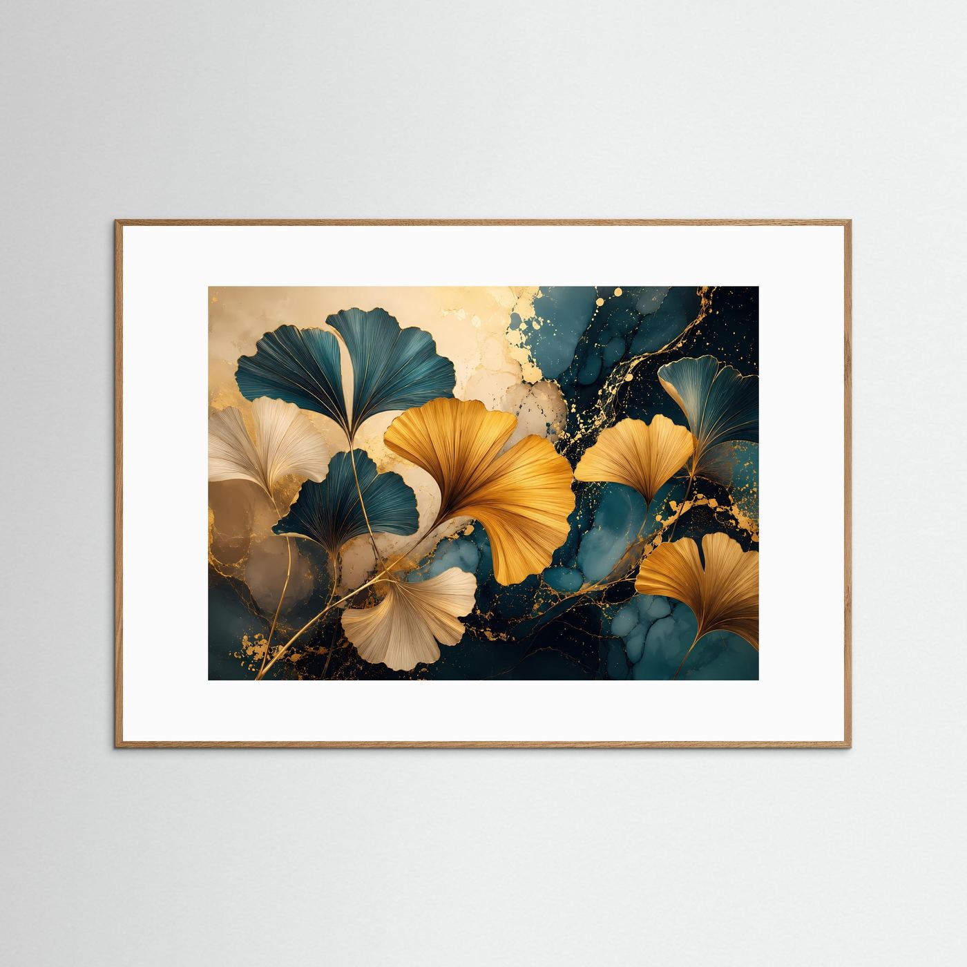 Ginkgo Blätter in Gold & Petrol | Elegante abstrakte Wandkunst