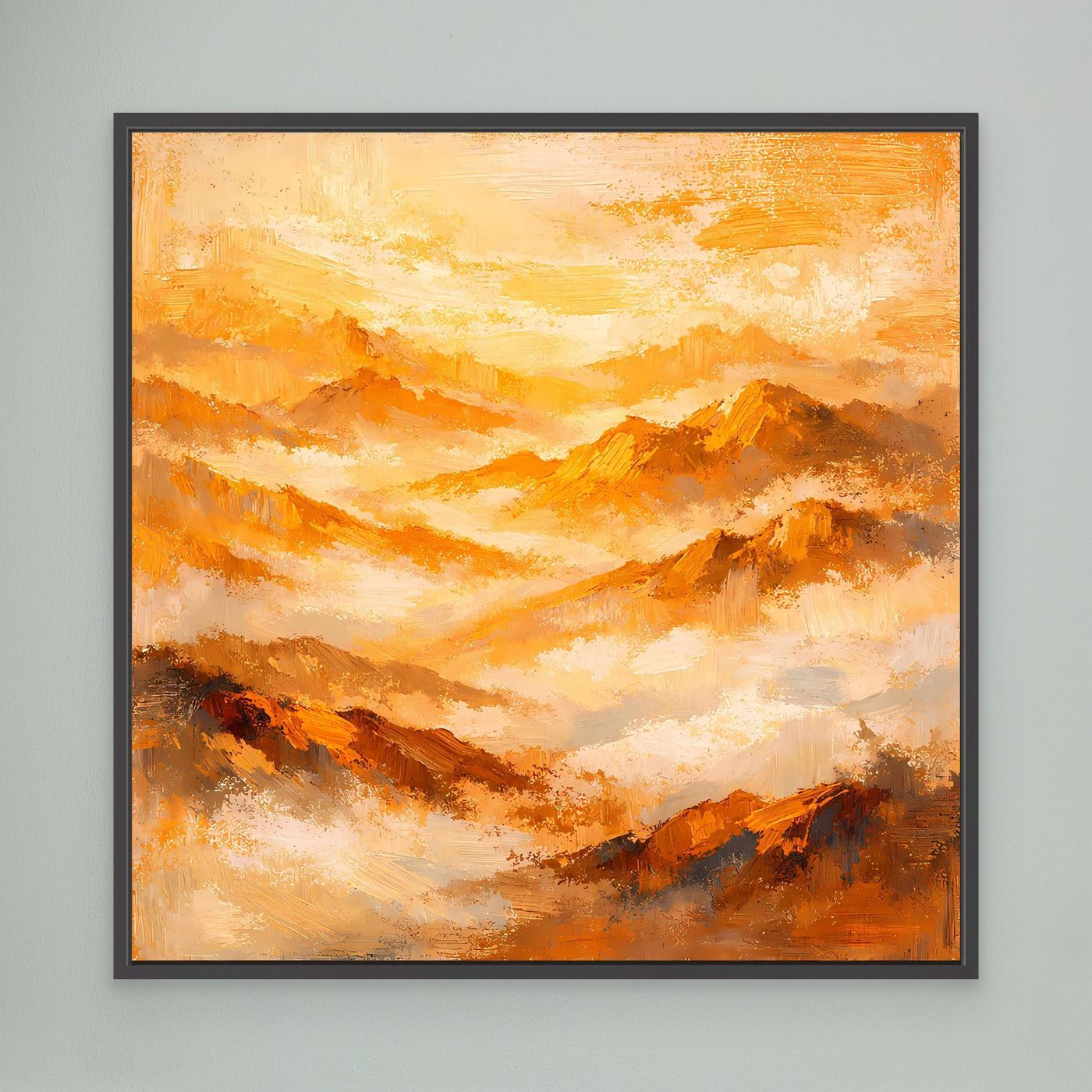 Wandbild auf Leinwand mit abstraktem Gebirgsdesign in Orange-Gold, schwarz gerahmt