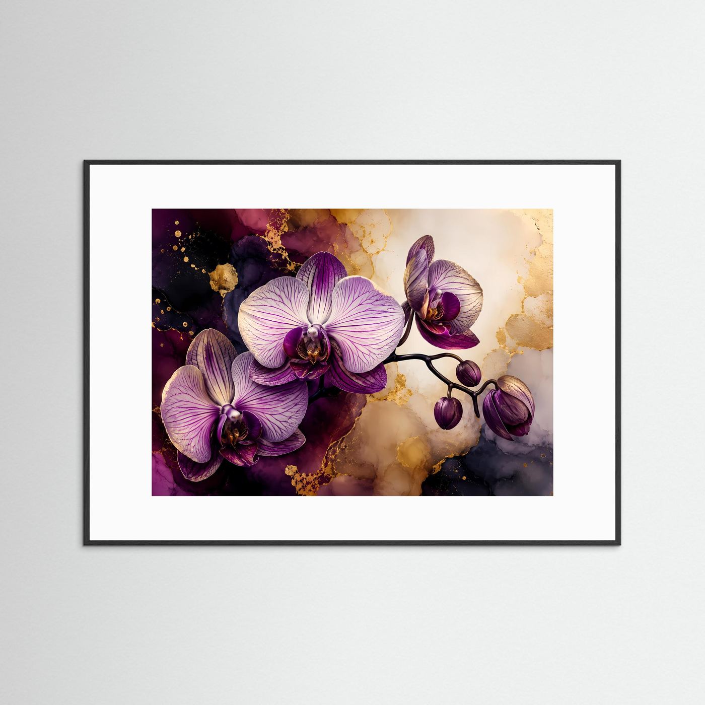 Orchideen Poster Querformat | Elegante Orchideen Wandkunst in Violett, Creme & Gold | Modernes Blumen Wandbild