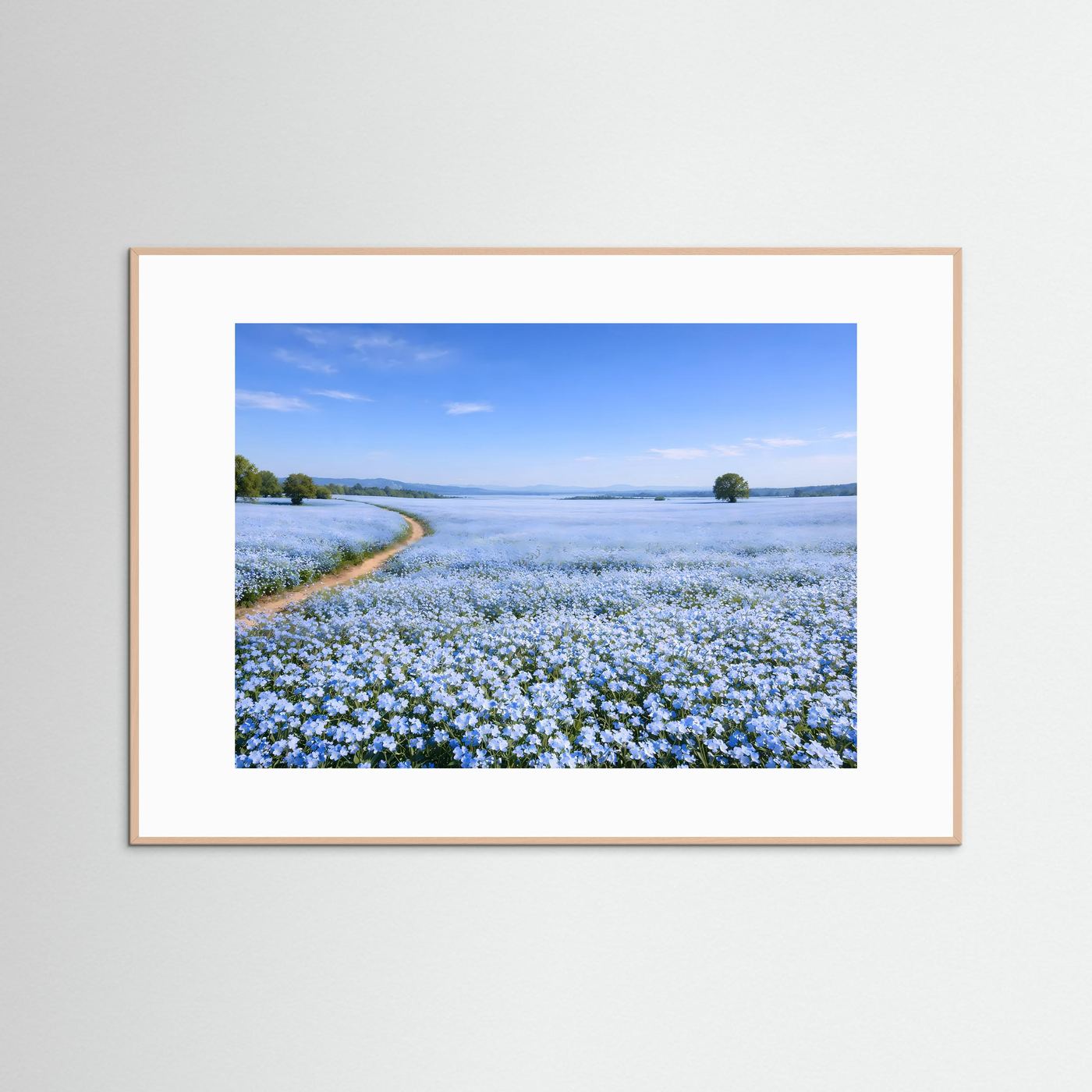 Malerisches Blaues Blumenfeld mit Feldweg | Idyllische Landschaft & Natur Poster Querformat