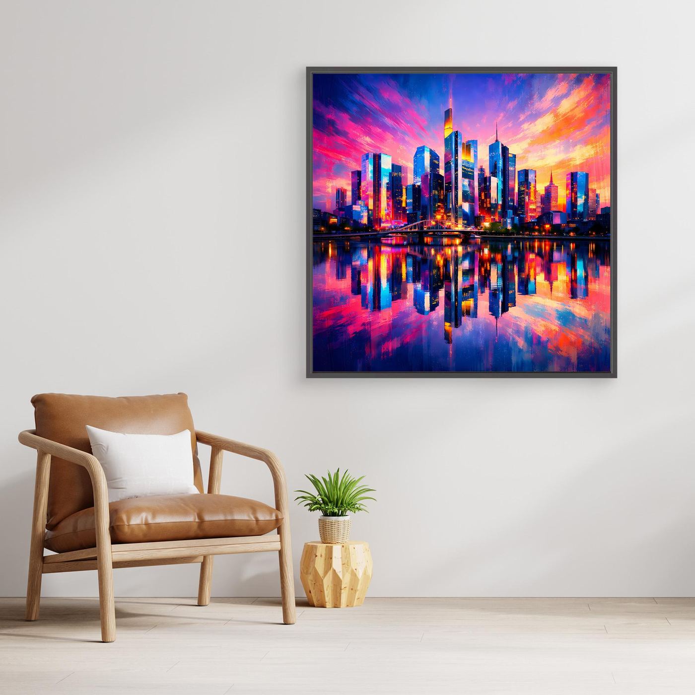 Leinwand Farbenfrohe Frankfurt Skyline bei Sonnenuntergang | Modernes Wandbild