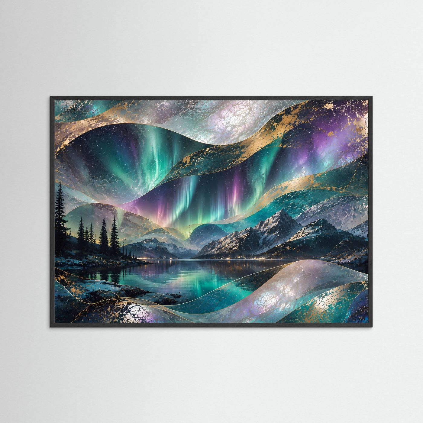 Aurora-Poster im Querformat mit schwarzem Holzrahmen, türkis-violetten Lichtbögen und See